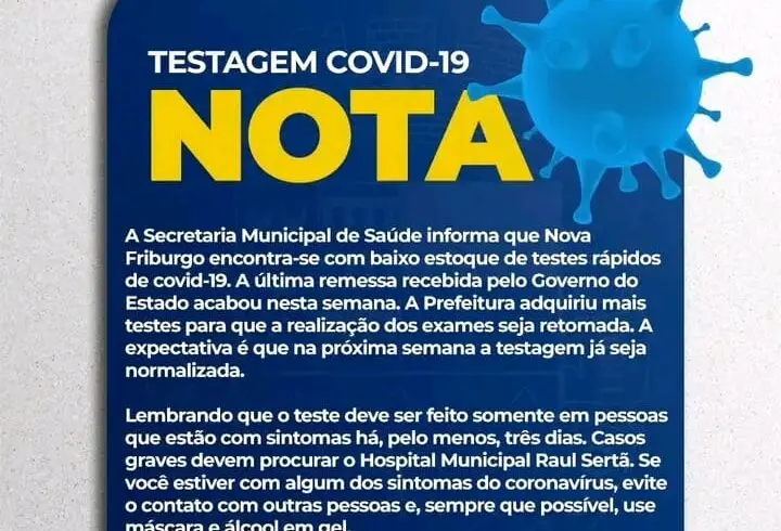 Nova Friburgo encontra-se com baixo estoque de testes rápidos de covid-19