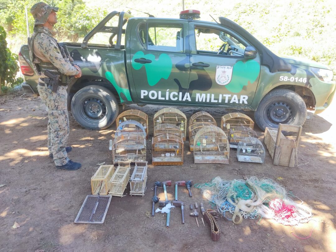 5ª UPAM-Unidade de Polícia Ambiental- apreende equipamentos de caça e resgata 11 pássaros de cativeiro em Nova Friburgo
