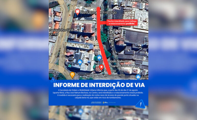 Atenção motoristas para interdição de importante rua no Centro de Nova Friburgo