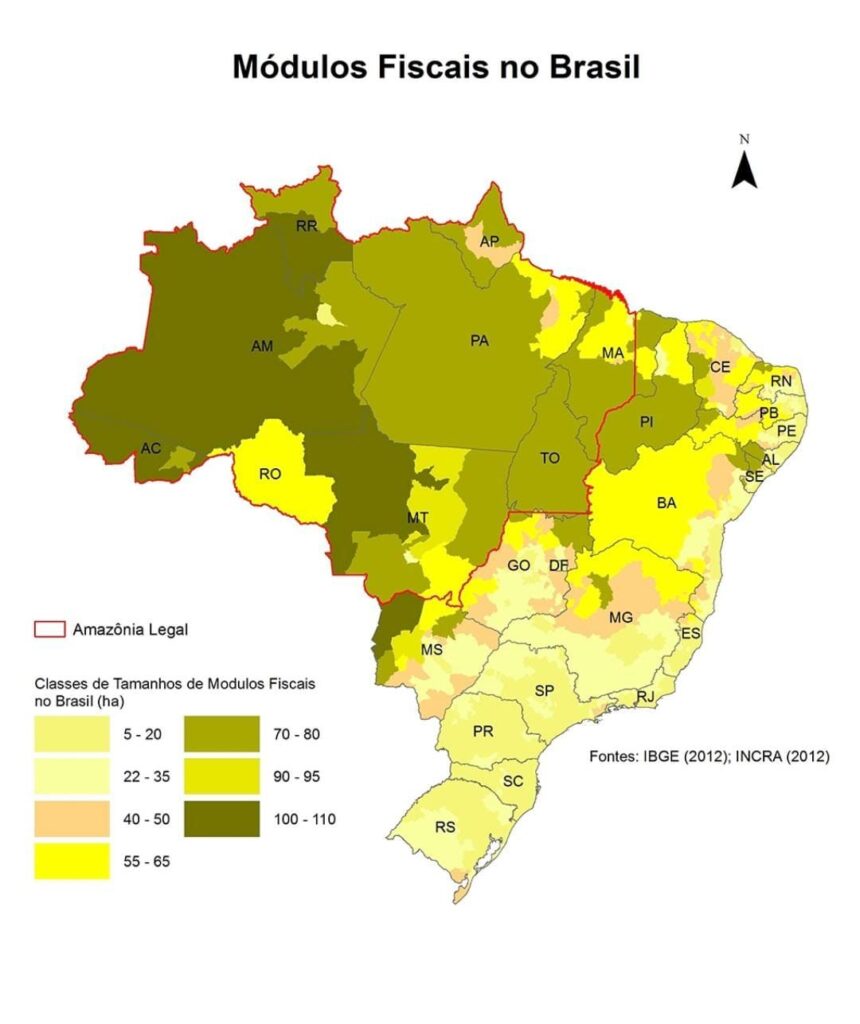 Mapa com areas dos modeulos fiscais no brasil