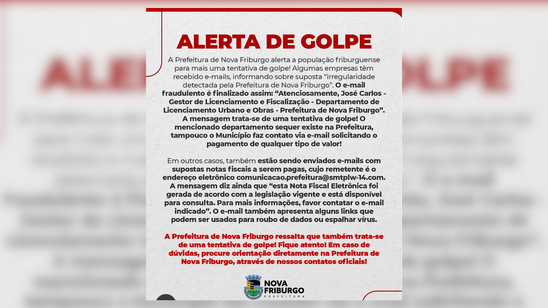 Prefeitura de Nova Friburgo alerta para tentativas de golpe por e-mail