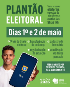 O TRE-RJ divulgou em suas redes sociais que nos dias 1º e 2 de maio realizará plantões eleitorais,